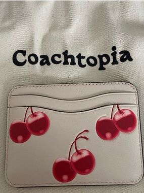 Coach Cream Card Case with Red Cherry Print NWT